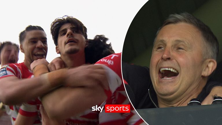 On loan from Hull KR, Bill Leyland scores twice in the closing minutes to complete a remarkable St Helens comeback, first burrowing over from close range before racing clear after a Wigan error to seal the derby win