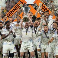 Aston Villa players celebrate their Europa League triumph