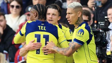 Conor Gallagher is congratulated by his team-mates after giving Spurs the lead at Villa Park
