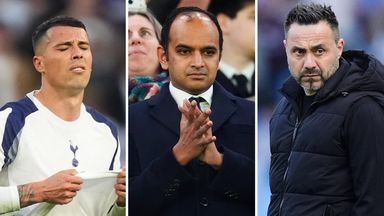 Tottenham defender Pedro Porro (left), chief exec Vinai Venkatesham (centre) and head coach Roberto De Zerbi
