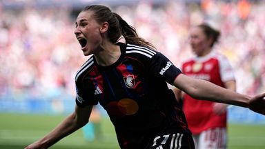 Jule Brand celebrates after scoring a late goal to seal Lyon's win against Arsenal in the Women's Champions League