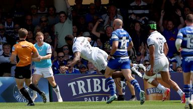 Exeter Chiefs' Christ Tshiunza dives to score his side's first try in their Prem semi-final win over Bath