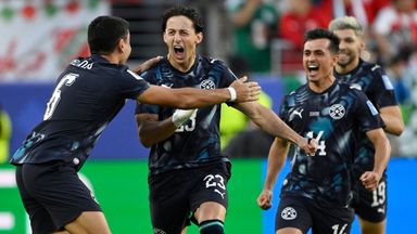 Paraguay's Matias Galarza (23) celebrates with Junior Alonso (6) and Andres Cubas (14)