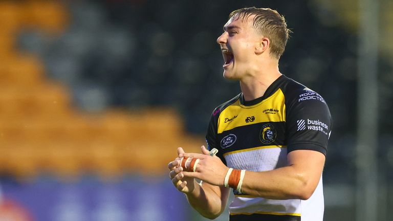 Oli Field celebrates at full-time as York came from behind to beat Castleford
