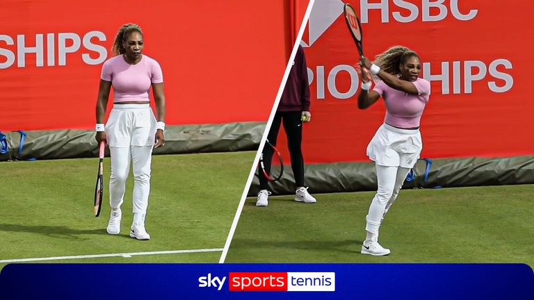 Shots of Serena Williams' first practice session at Queens Club ahead of her return to the WTA Tour.