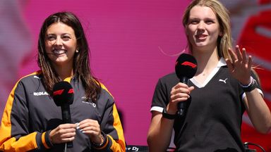 F1 Academy's Ella Stevens and Rachel Robertson speaking to the fan park at Silverstone