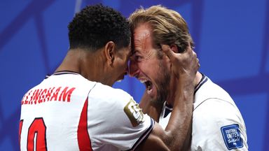 Harry Kane celebrates his first goal with Jude Bellingham