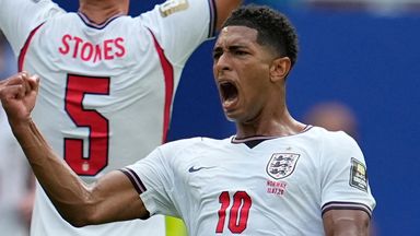 Jude Bellingham celebrates his goal for England against Norway