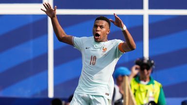 France's Kylian Mbappe (10) celebrates after scoring his side's opening goal during the World Cup quarterfinal soccer match between France and Morocco in Foxborough, Mass., near Boston, Thursday, July 9, 2026. (AP Photo/Charles Krupa)