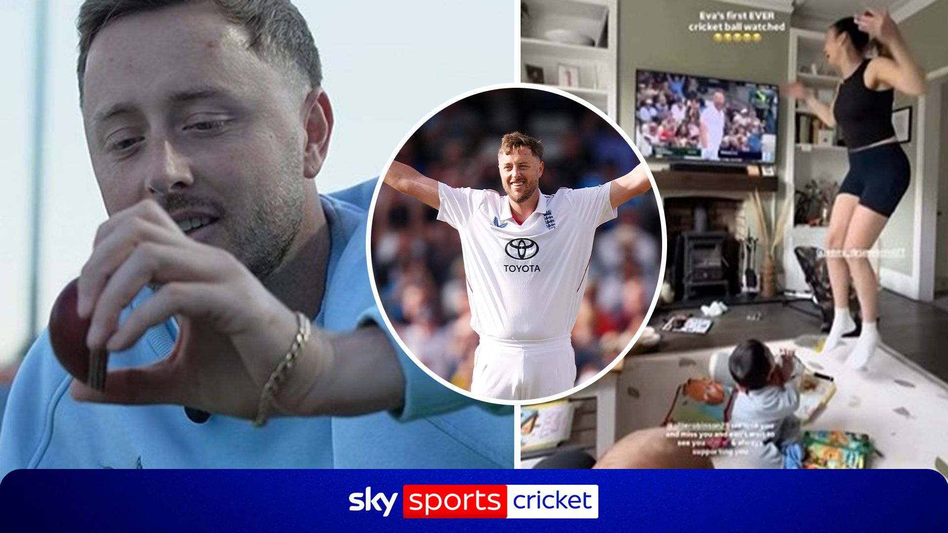 Robinson receives half a match ball | Wife and baby go WILD after first-ball wicket!