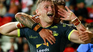 Harry Newman celebrates scoring the third try for Leeds (SWpix.com image)