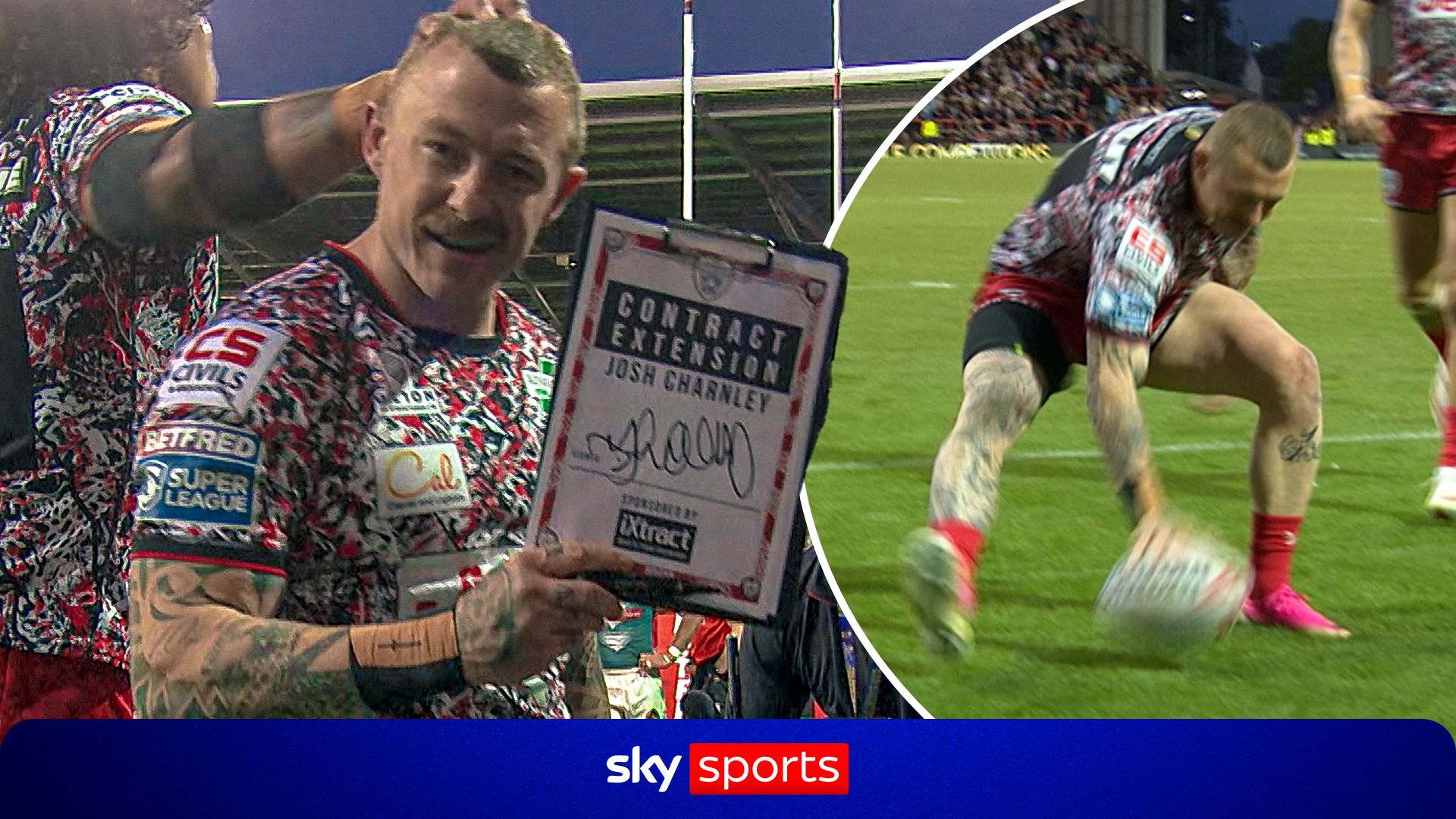 Josh Charnley scores for Leigh Leopards against St Helens before producing a contract during the celebrations and