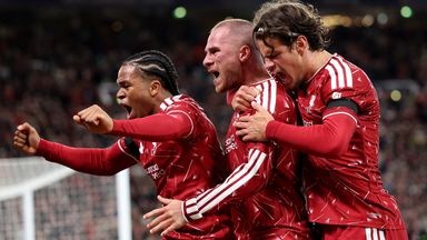 Alexis Mac Allister (centre) celebrates scoring Liverpool's second goal with team-mates Rio Ngumoha (left) and Milos Kerkez (right)