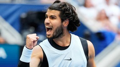 Carlos Alcaraz, of Spain, reacts after he won against Tommy Paul, of the United States, during the fourth round of the U.S. Open tennis championships Sunday, Sept. 6, 2026, in New York. (AP Photo/Yuki Iwamura)