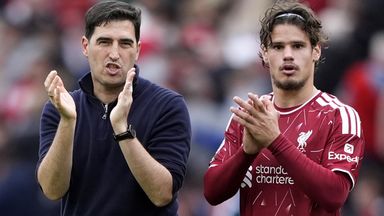 Liverpool manager Andoni Iraola and Milos Kerkez applaud the fans after the draw with Fulham