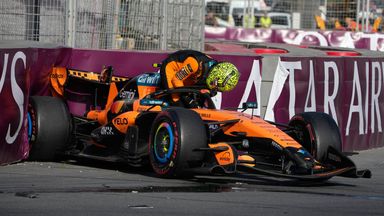 McLaren driver Lando Norris of Britain gets out of his car after a crash during the Azerbaijan F1 Grand Prix auto race, in Baku, Azerbaijan, Saturday, Sept. 26, 2026. (AP Photo/Darko Bandic)
