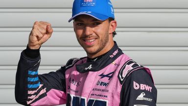 Alpine driver Pierre Gasly celebrates his pole position after the qualifying for the Italian GP