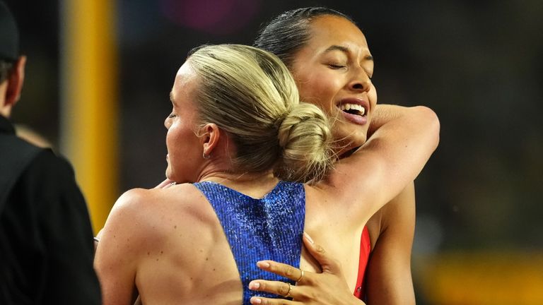 Keely Hodgkinson of Great Britain embraces Audrey Werro of Switzerland following the Women's 800m Final in Budapest (PA Images)