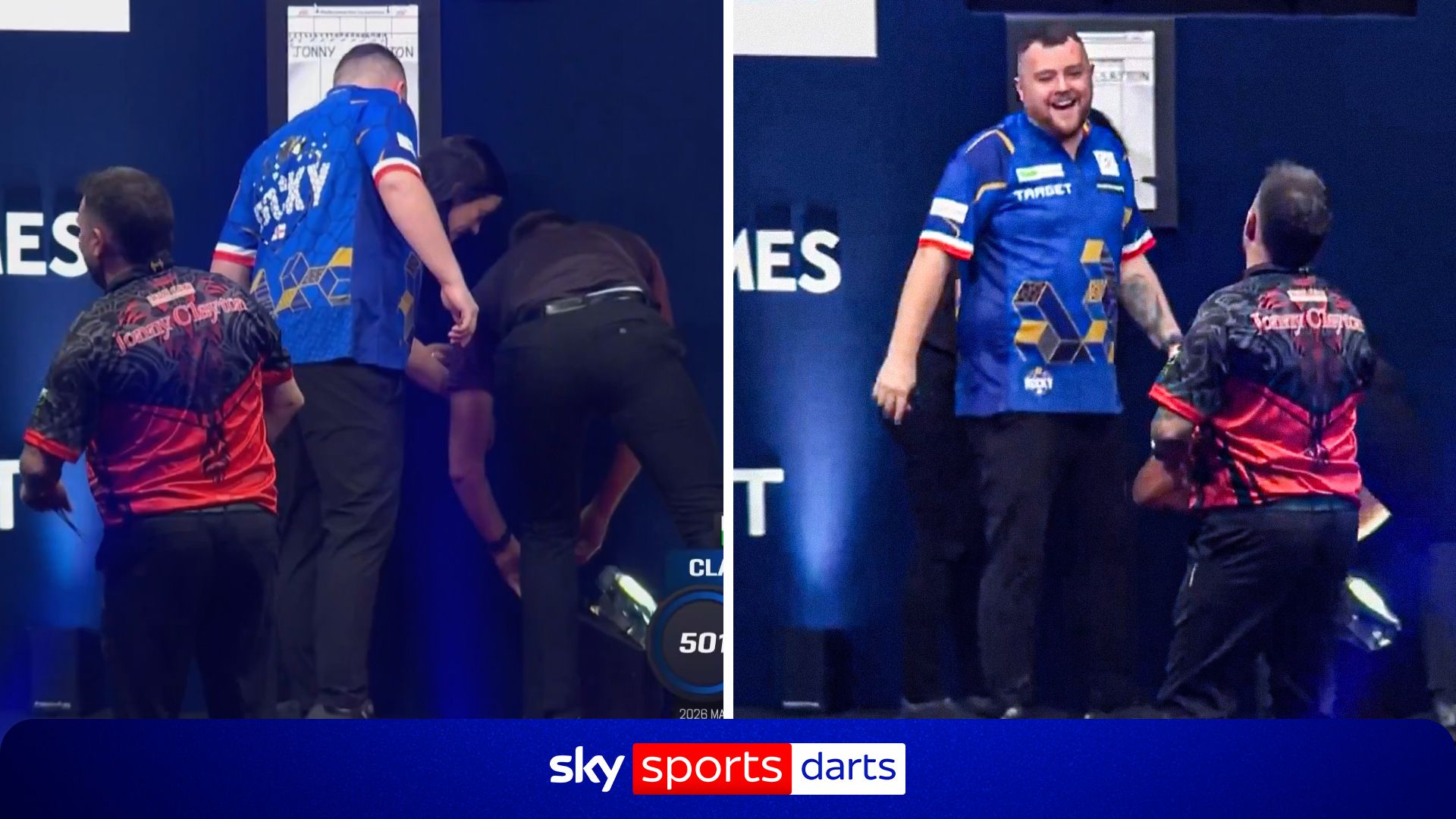 Players laugh as Rock LOSES his dart on stage during match