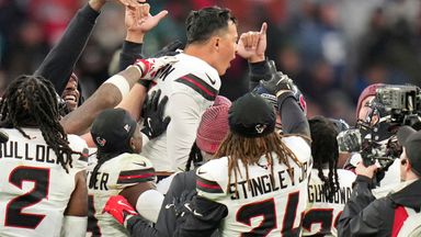 Houston Texans place kicker Ka'imi Fairbairn (15), top center, celebrates with teammates after scoring the game winning field goal during an NFL football game against Jacksonville Jaguars in London, Sunday, Oct. 18, 2026. (AP Photo/Kin Cheung)