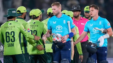 England's Gus Atkinson and Sonny Baker shake hands with Pakistan's players after their ODI defeat 