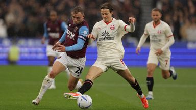 Jarrod Bowen and Caspar Jander battle for the ball a the London Stadium