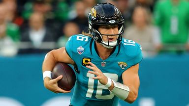 Jacksonville Jaguars quarterback Trevor Lawrence (16) plays against the Philadelphia Eagles during the second half of an NFL football game in London, Sunday, Oct. 11, 2026. (AP Photo/Adam Bettcher)